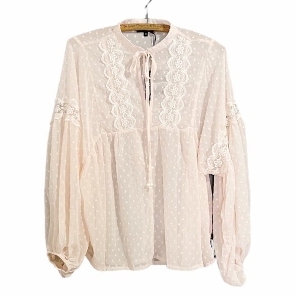 NWT Blue B Top Women’s Size Small Cream Lace Cottagecore Peasant Blouse Academia - Picture 11 of 11